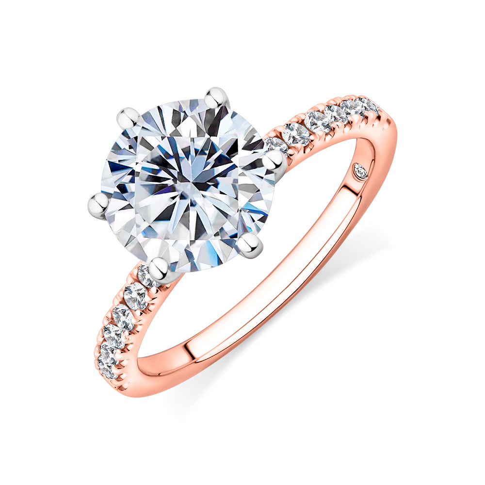 Lab-Grown Simulant, 3.22 carat*TW round brilliant shouldered solitaire engagement ring in 10 carat rose and white gold