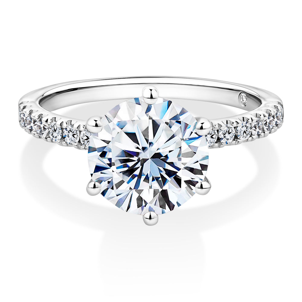 Lab-Grown Simulant, 3.22 carat*TW round brilliant shouldered solitaire engagement ring in 10 carat white gold