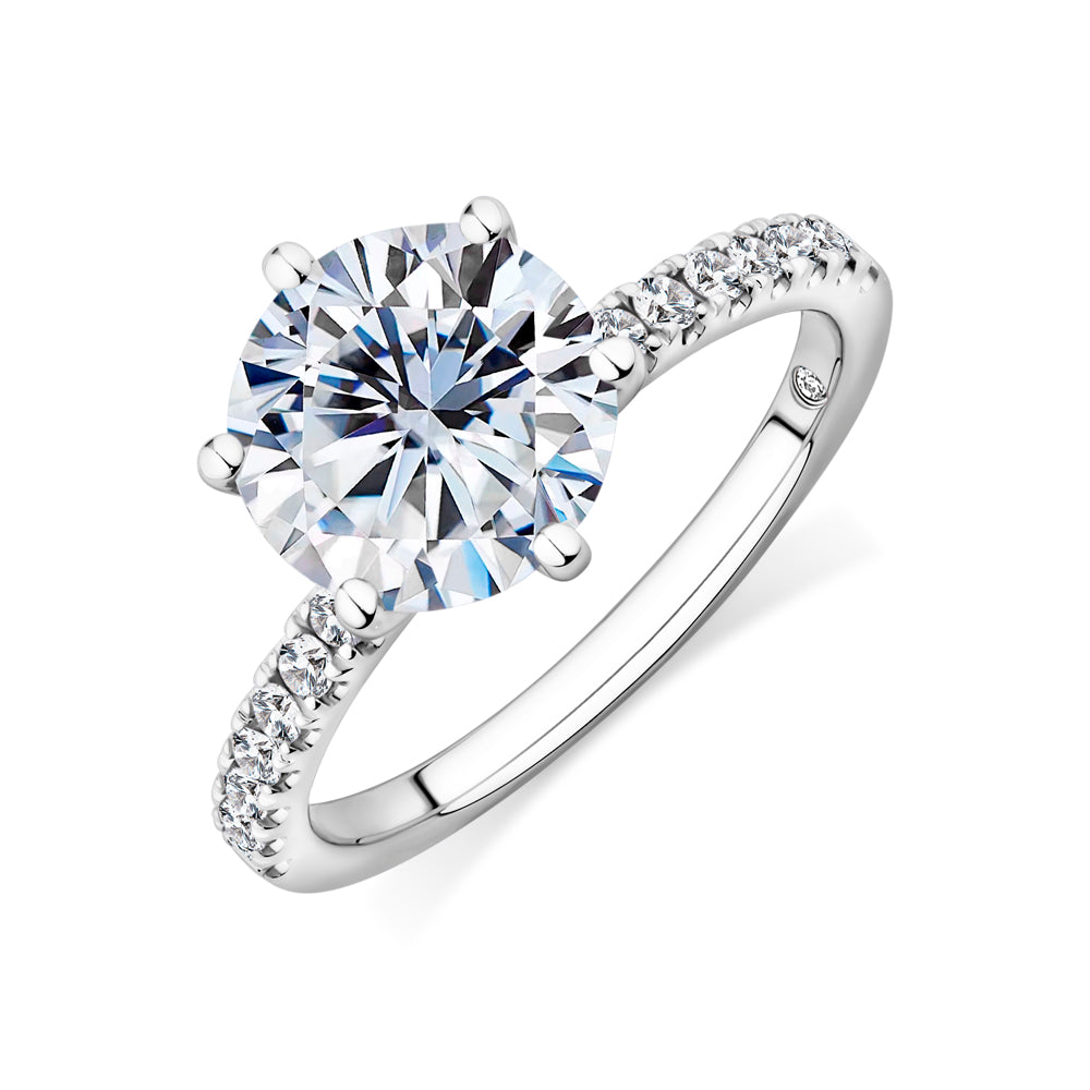 Lab-Grown Simulant, 3.22 carat*TW round brilliant shouldered solitaire engagement ring in 10 carat white gold