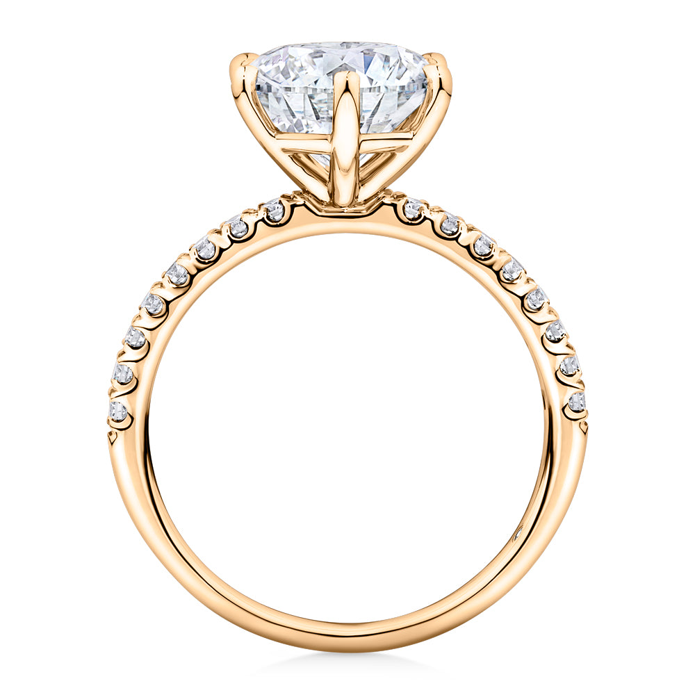 Lab-Grown Simulant, 3.22 carat*TW round brilliant shouldered solitaire engagement ring in 10 carat yellow gold