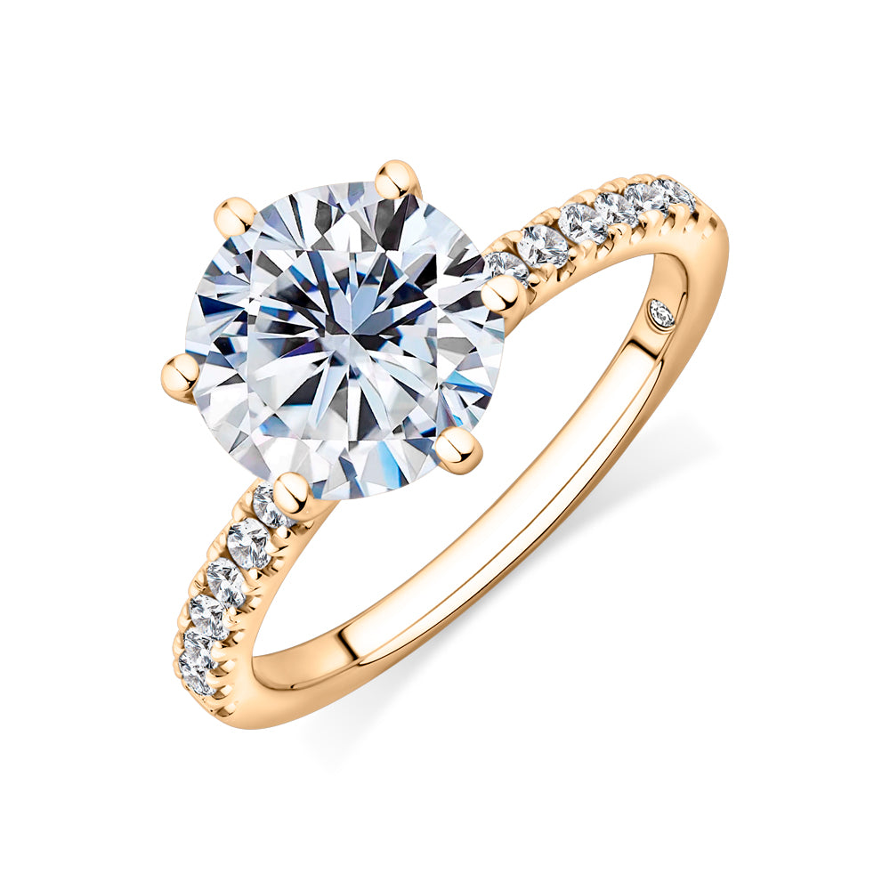 Lab-Grown Simulant, 3.22 carat*TW round brilliant shouldered solitaire engagement ring in 10 carat yellow gold