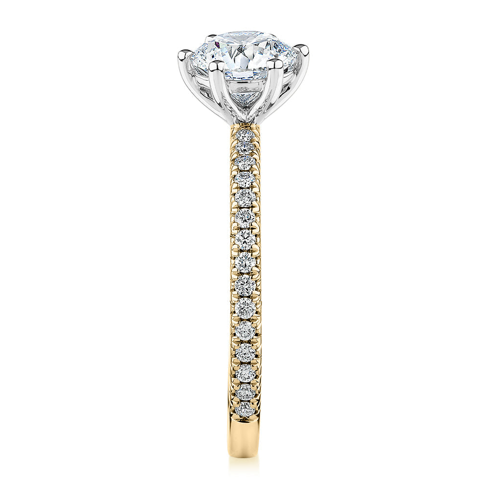 Premium Certified Lab-Grown Diamond 1.19 carat TW round brilliant shouldered engagement ring in 14 carat yellow and white gold