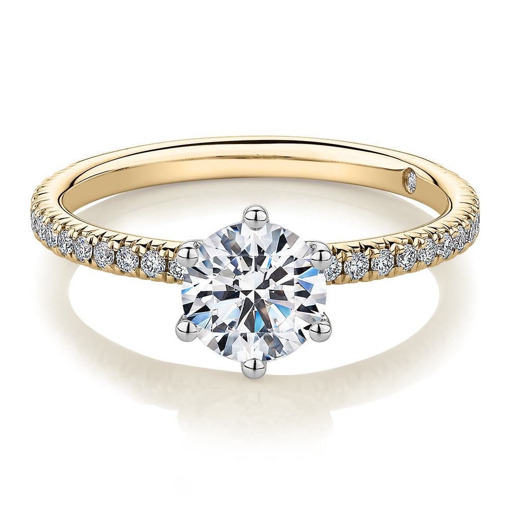 Signature Simulant Diamond 1.19 carat* TW round brilliant shouldered engagement ring in 10 carat yellow and white gold