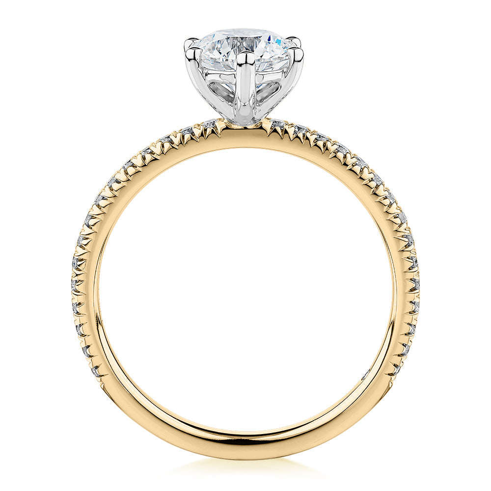 Signature Simulant Diamond 1.19 carat* TW round brilliant shouldered engagement ring in 10 carat yellow and white gold