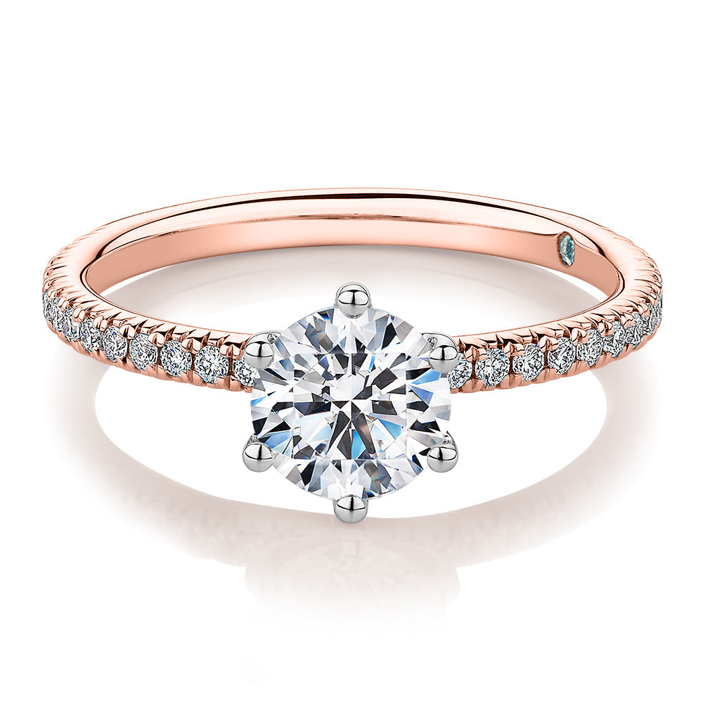 Premium Certified Lab-Grown Diamond 1.19 carat TW round brilliant shouldered engagement ring in 14 carat rose and white gold
