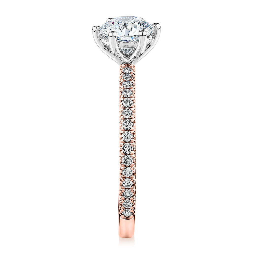 Signature Simulant Diamond 1.19 carat* TW round brilliant shouldered engagement ring in 10 carat rose and white gold