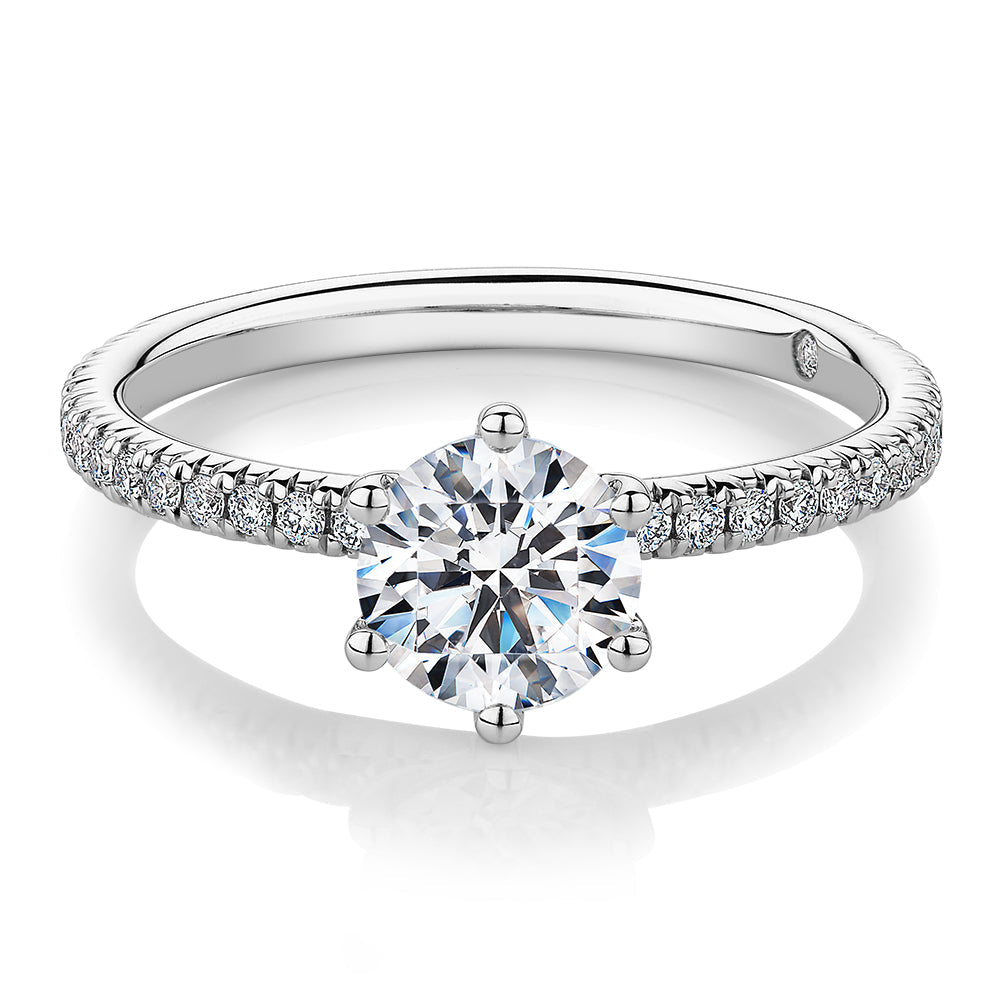 Signature Simulant Diamond 1.19 carat* TW round brilliant shouldered engagement ring in 14 carat white gold