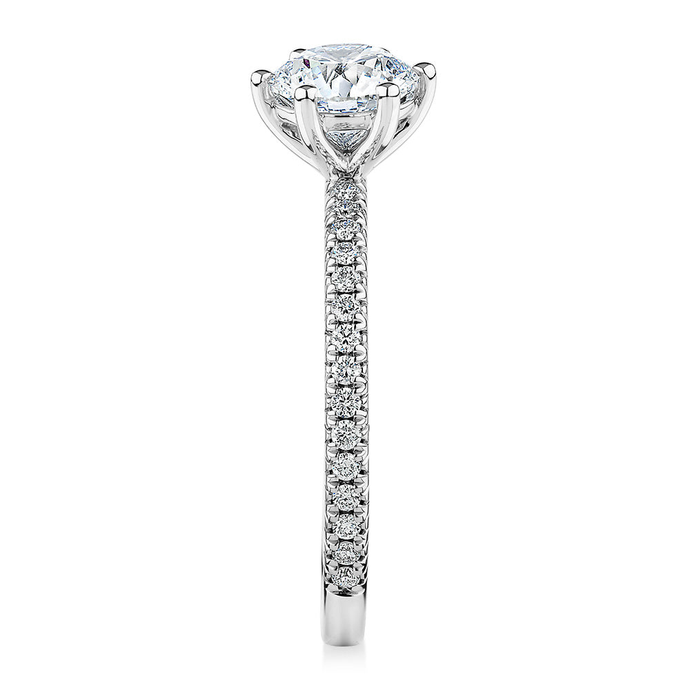 Signature Simulant Diamond 1.19 carat* TW round brilliant shouldered engagement ring in 14 carat white gold