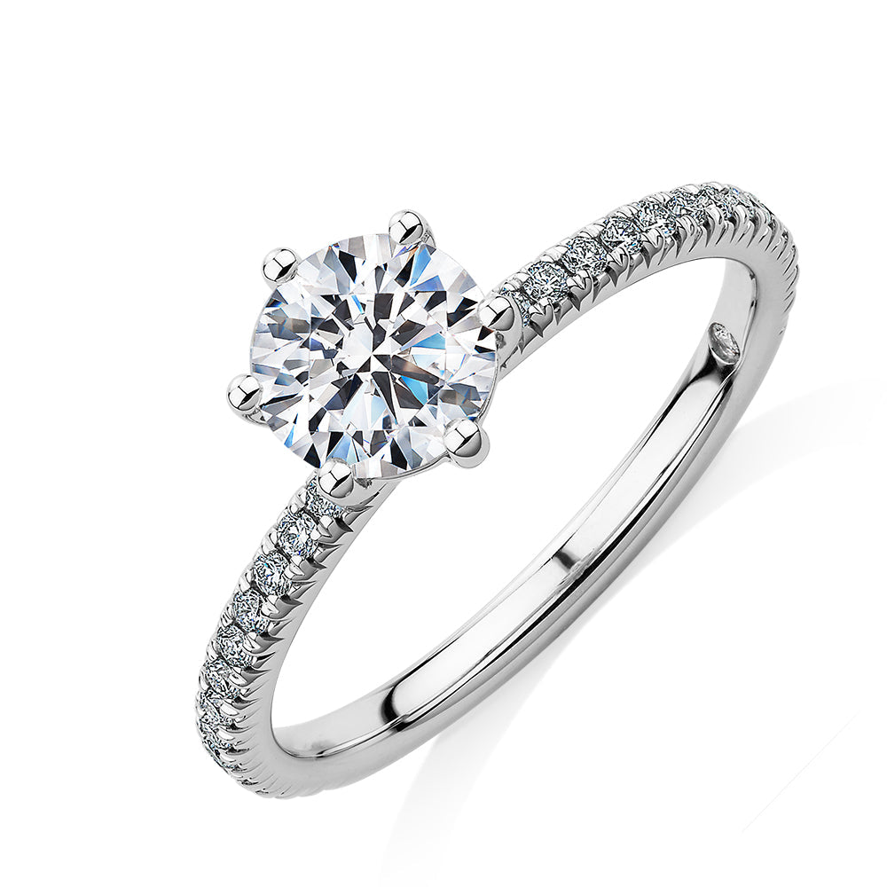 Signature Simulant Diamond 1.19 carat* TW round brilliant shouldered engagement ring in 14 carat white gold