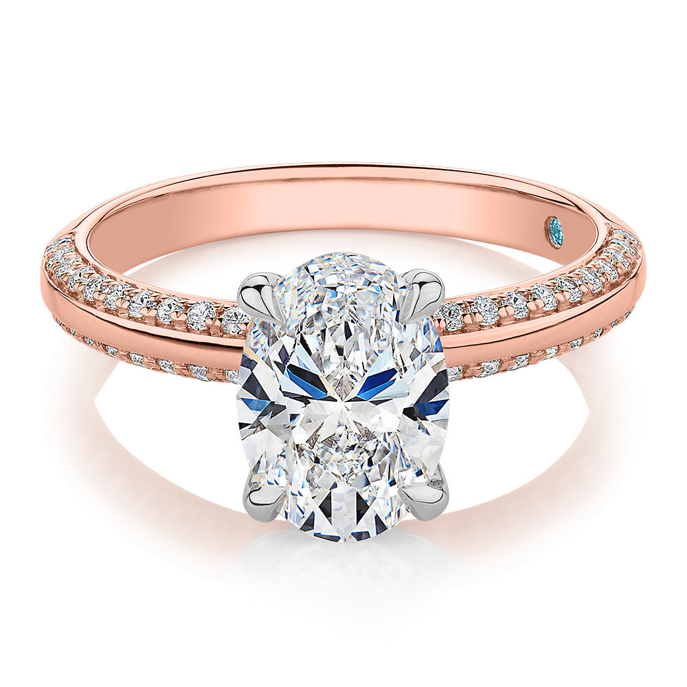 Premium Certified Lab-Grown Diamond 2.24 carat TW oval cut shouldered engagement ring in 14 carat rose and white gold