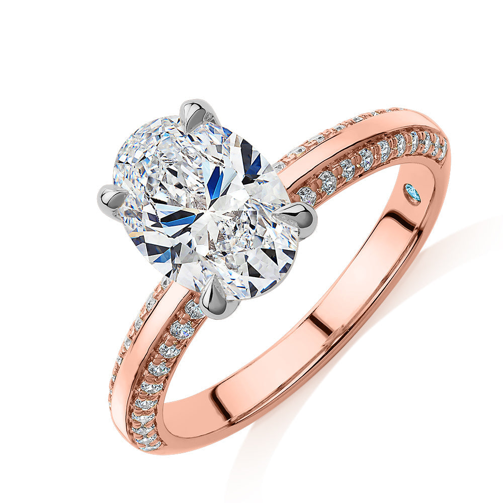 Premium Certified Lab-Grown Diamond 2.24 carat TW oval cut shouldered engagement ring in 14 carat rose and white gold