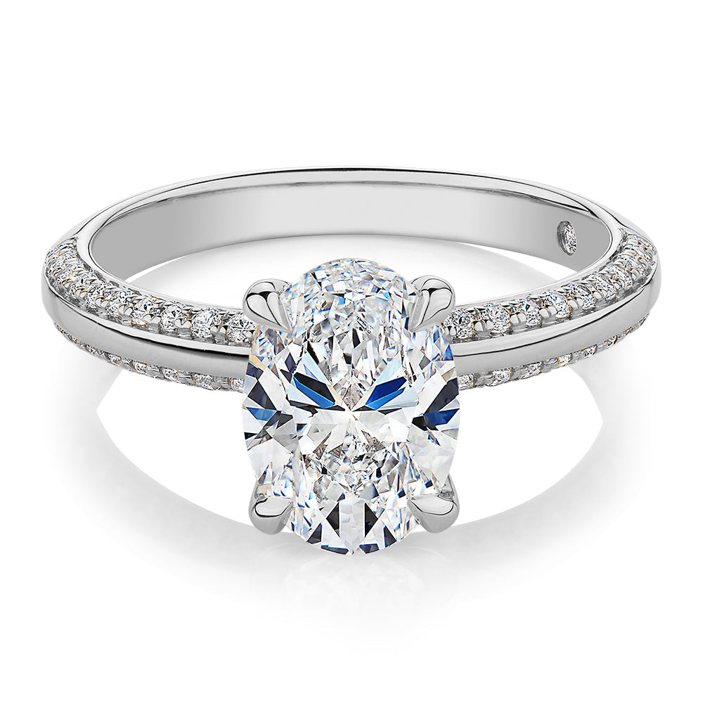 Signature Simulant Diamond 2.24 carat* TW oval cut shouldered engagement ring in 10 carat white gold