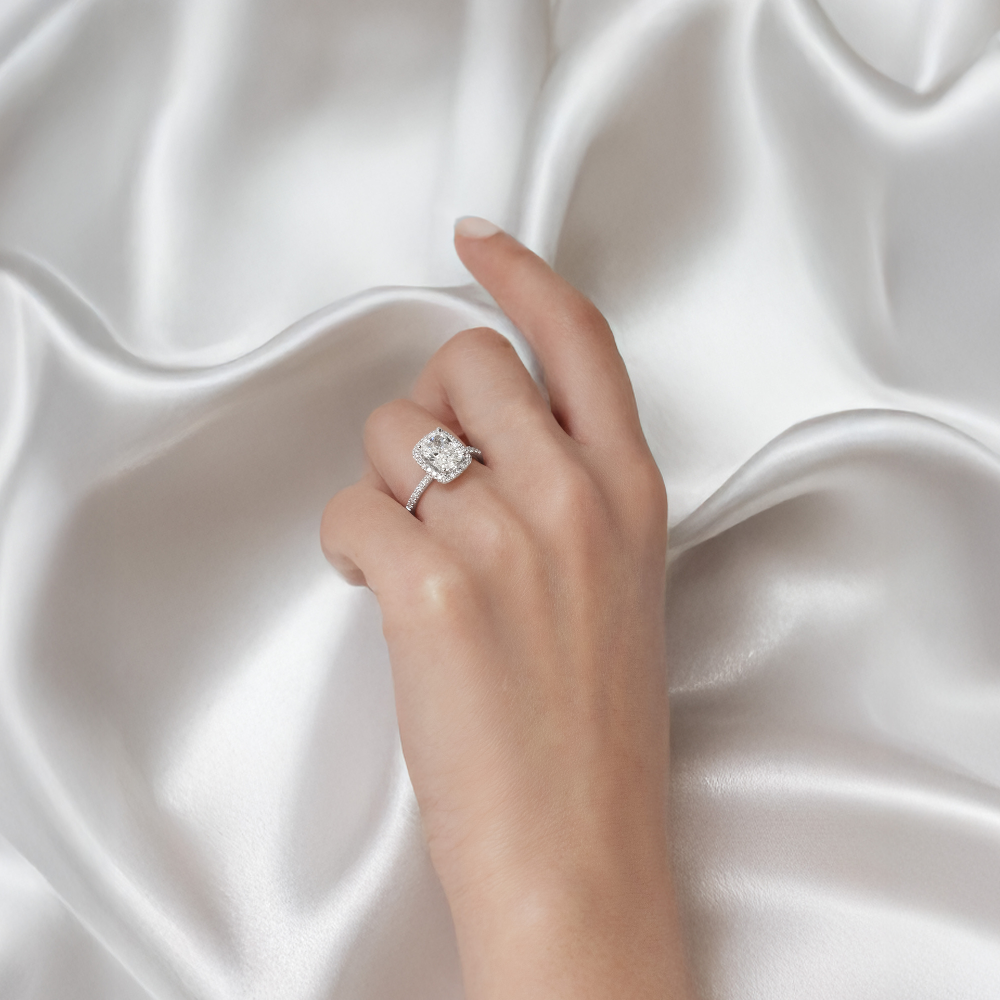 Signature Simulant Diamond 2.23 carat* TW radiant and round brilliant shouldered halo engagement ring in 10 carat white gold