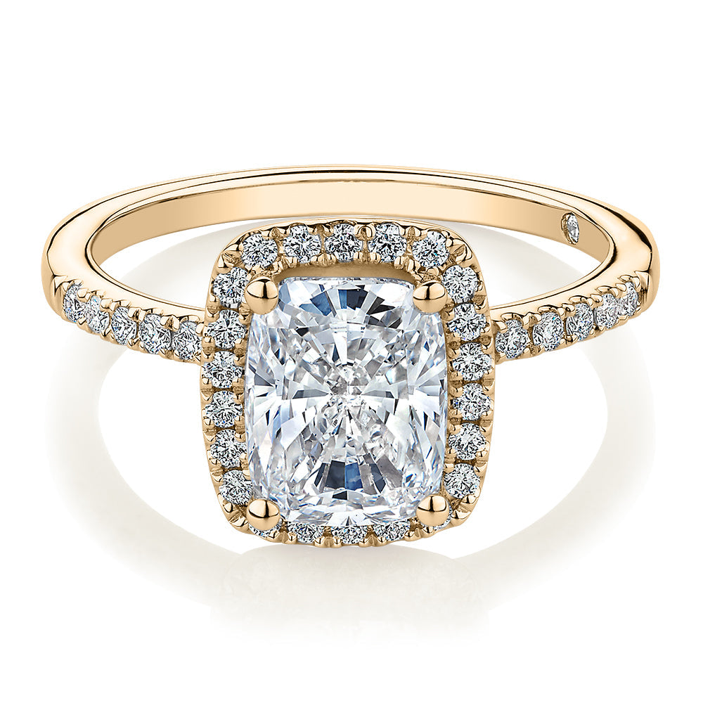 Signature Simulant Diamond 2.23 carat* TW radiant and round brilliant shouldered halo engagement ring in 10 carat yellow gold