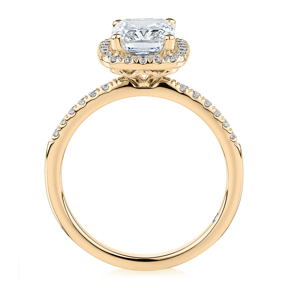 Signature Simulant Diamond 2.23 carat* TW radiant and round brilliant shouldered halo engagement ring in 10 carat yellow gold
