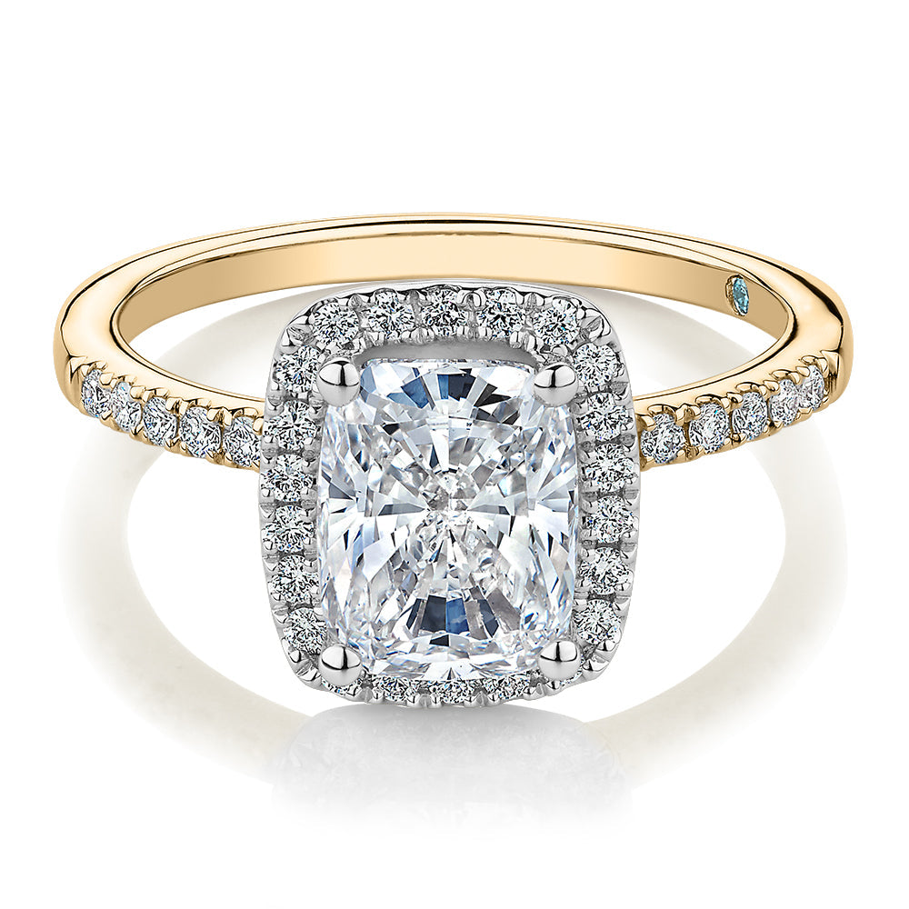 Premium Certified Lab-Grown Diamond 2.23 carat TW radiant and round brilliant halo shouldered engagement ring in 14 carat yellow and white gold
