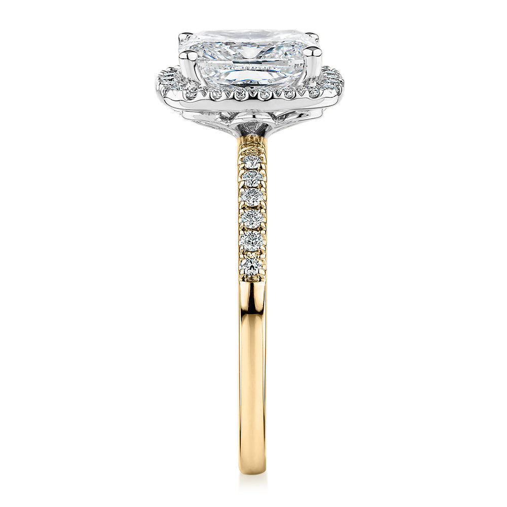 Premium Certified Lab-Grown Diamond 2.23 carat TW radiant and round brilliant halo shouldered engagement ring in 14 carat yellow and white gold
