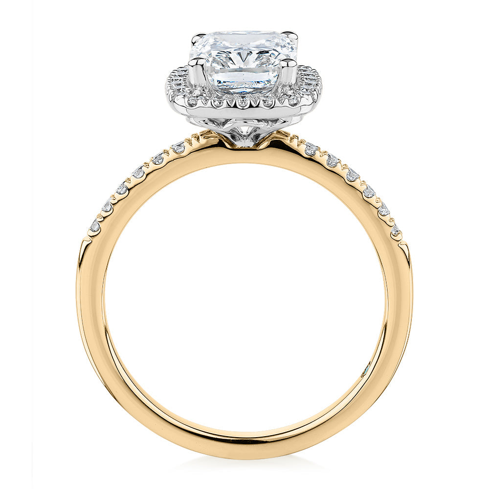 Premium Certified Lab-Grown Diamond 2.23 carat TW radiant and round brilliant halo shouldered engagement ring in 14 carat yellow and white gold