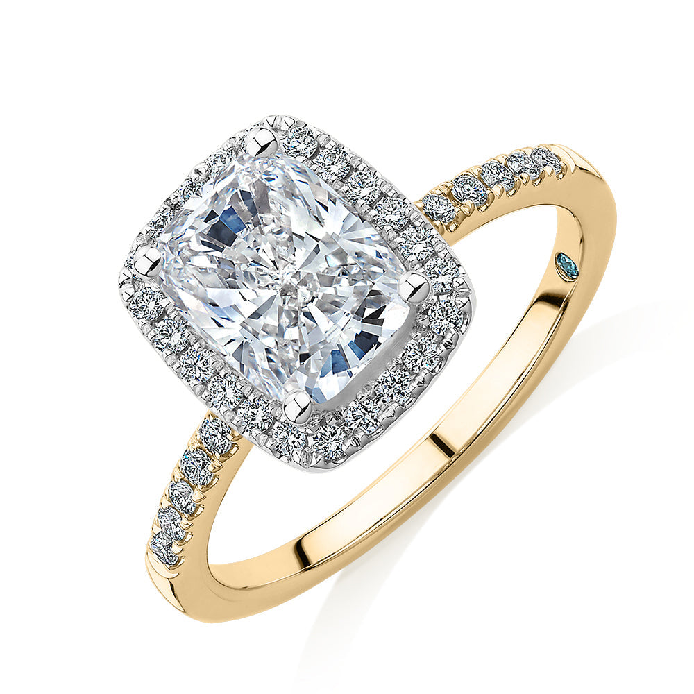 Premium Certified Lab-Grown Diamond 2.23 carat TW radiant and round brilliant halo shouldered engagement ring in 14 carat yellow and white gold