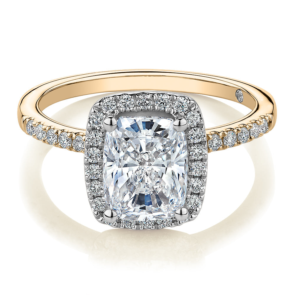 Signature Simulant Diamond 2.23 carat* TW radiant and round brilliant shouldered halo engagement ring in 10 carat yellow and white gold