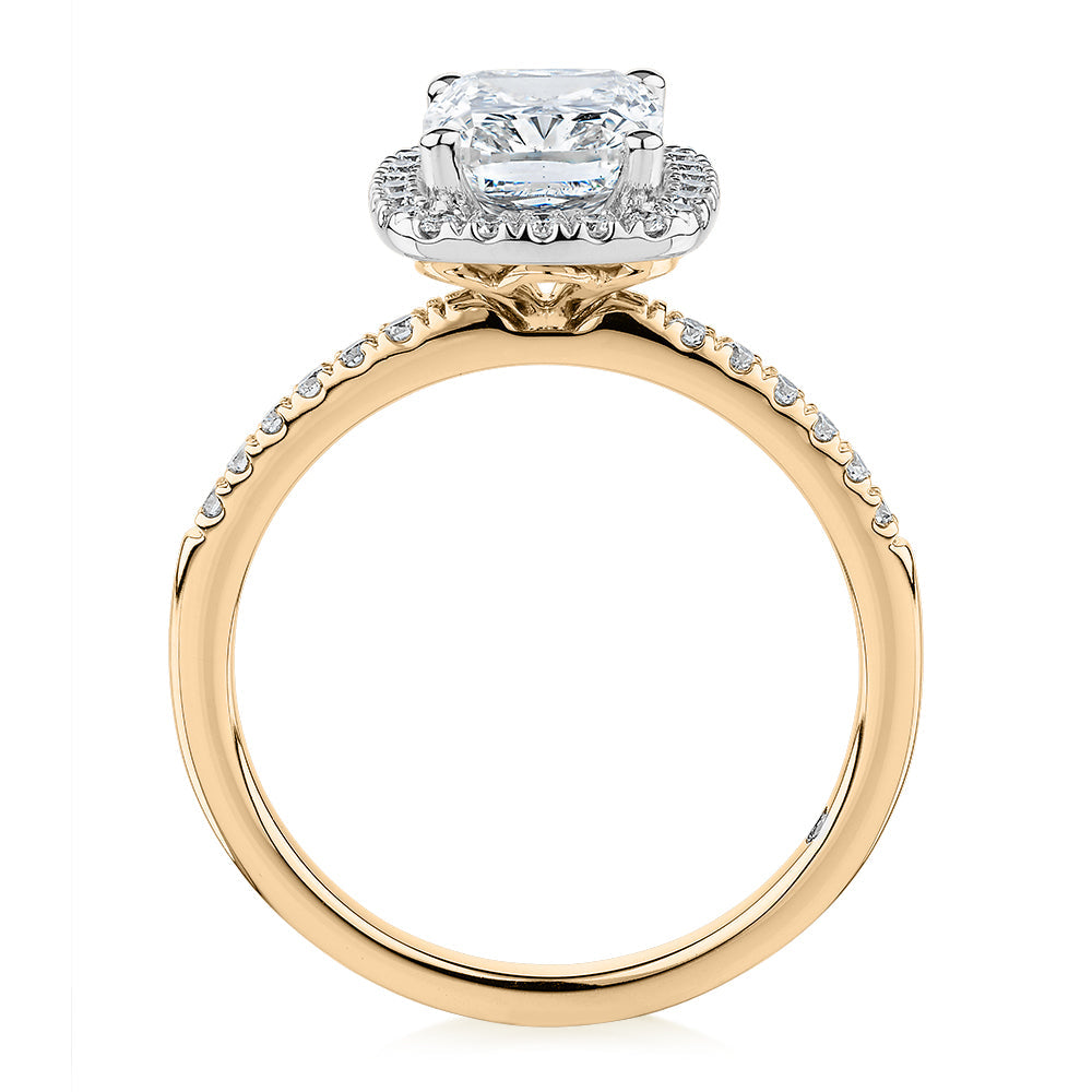 Signature Simulant Diamond 2.23 carat* TW radiant and round brilliant shouldered halo engagement ring in 10 carat yellow and white gold