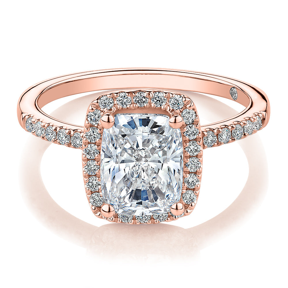 Signature Simulant Diamond 2.23 carat* TW radiant and round brilliant shouldered halo engagement ring in 10 carat rose gold