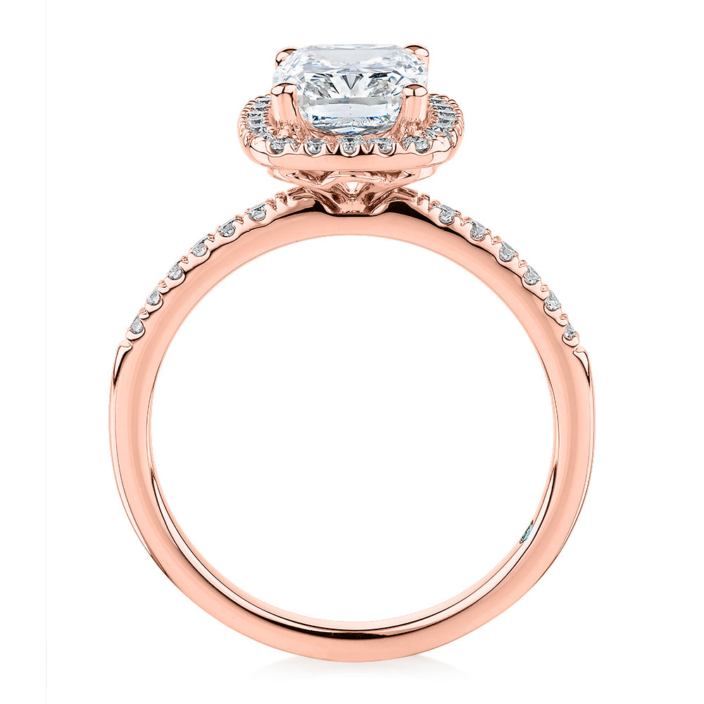 Signature Simulant Diamond 2.23 carat* TW radiant and round brilliant shouldered halo engagement ring in 10 carat rose gold