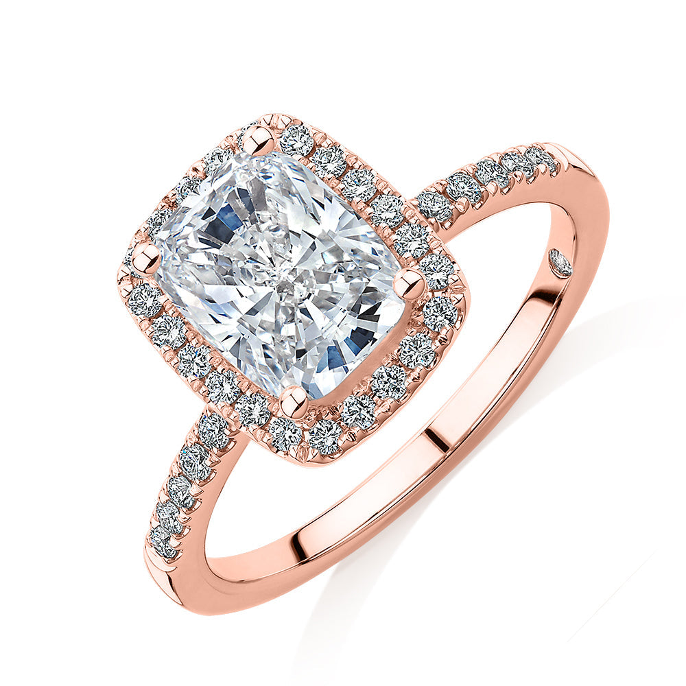 Signature Simulant Diamond 2.23 carat* TW radiant and round brilliant shouldered halo engagement ring in 10 carat rose gold