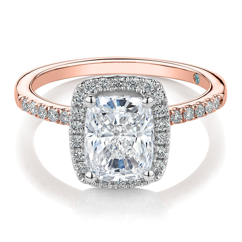 Premium Certified Lab-Grown Diamond 2.23 carat TW radiant and round brilliant halo shouldered engagement ring in 14 carat rose and white gold