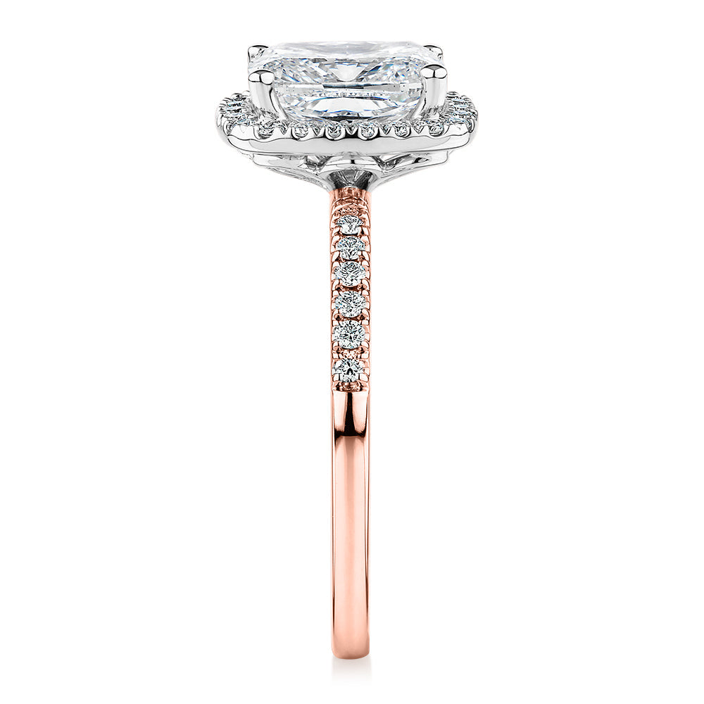 Premium Certified Lab-Grown Diamond 2.23 carat TW radiant and round brilliant halo shouldered engagement ring in 14 carat rose and white gold