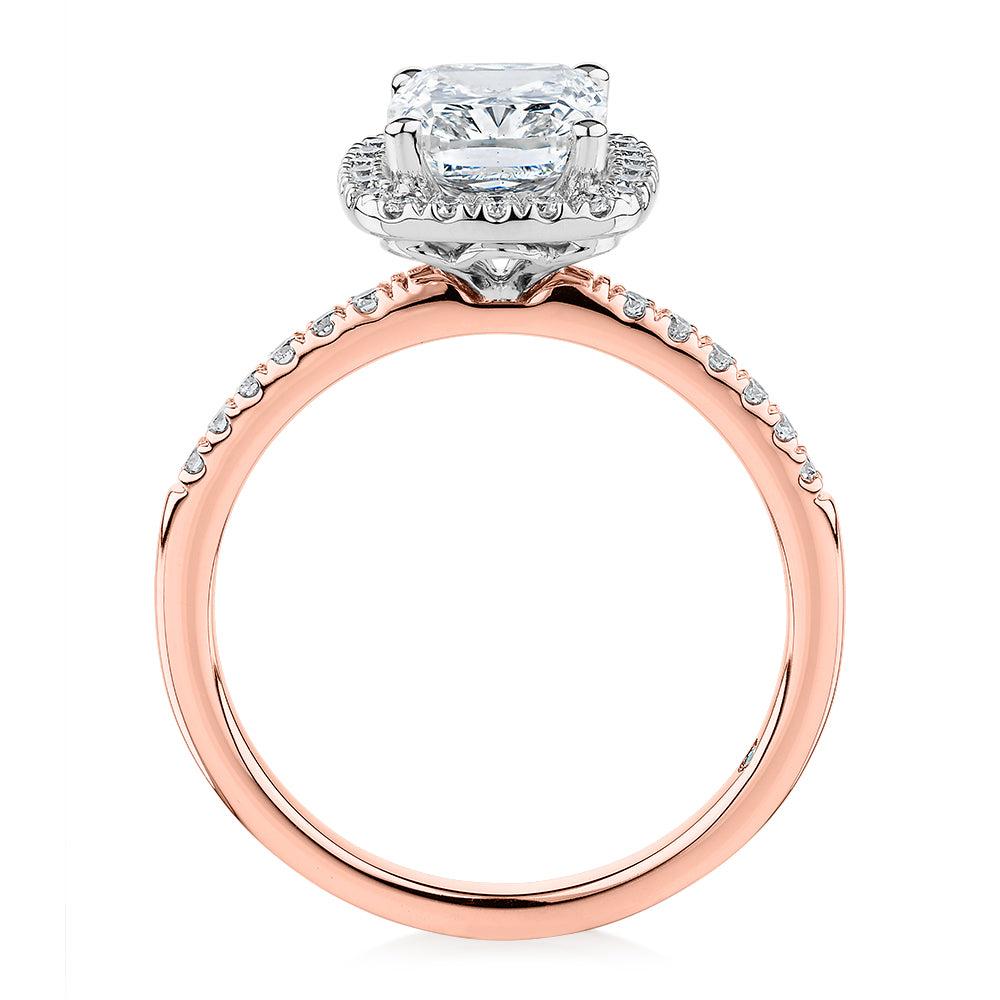 Premium Certified Lab-Grown Diamond 2.23 carat TW radiant and round brilliant halo shouldered engagement ring in 14 carat rose and white gold