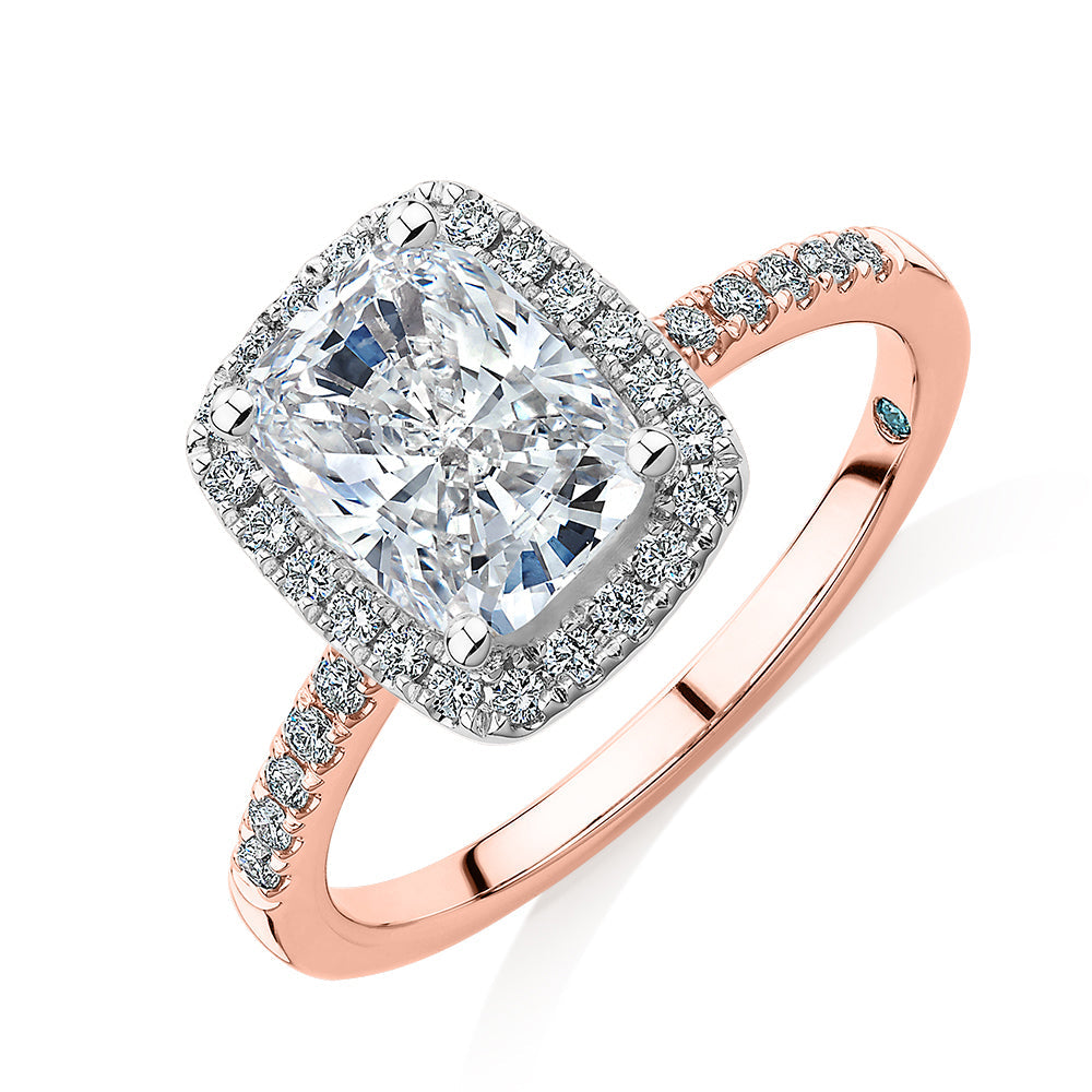 Premium Certified Lab-Grown Diamond 2.23 carat TW radiant and round brilliant halo shouldered engagement ring in 14 carat rose and white gold