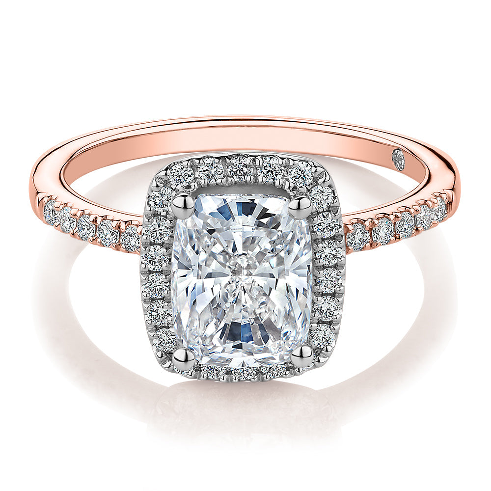 Signature Simulant Diamond 2.23 carat* TW radiant and round brilliant shouldered halo engagement ring in 10 carat rose and white gold