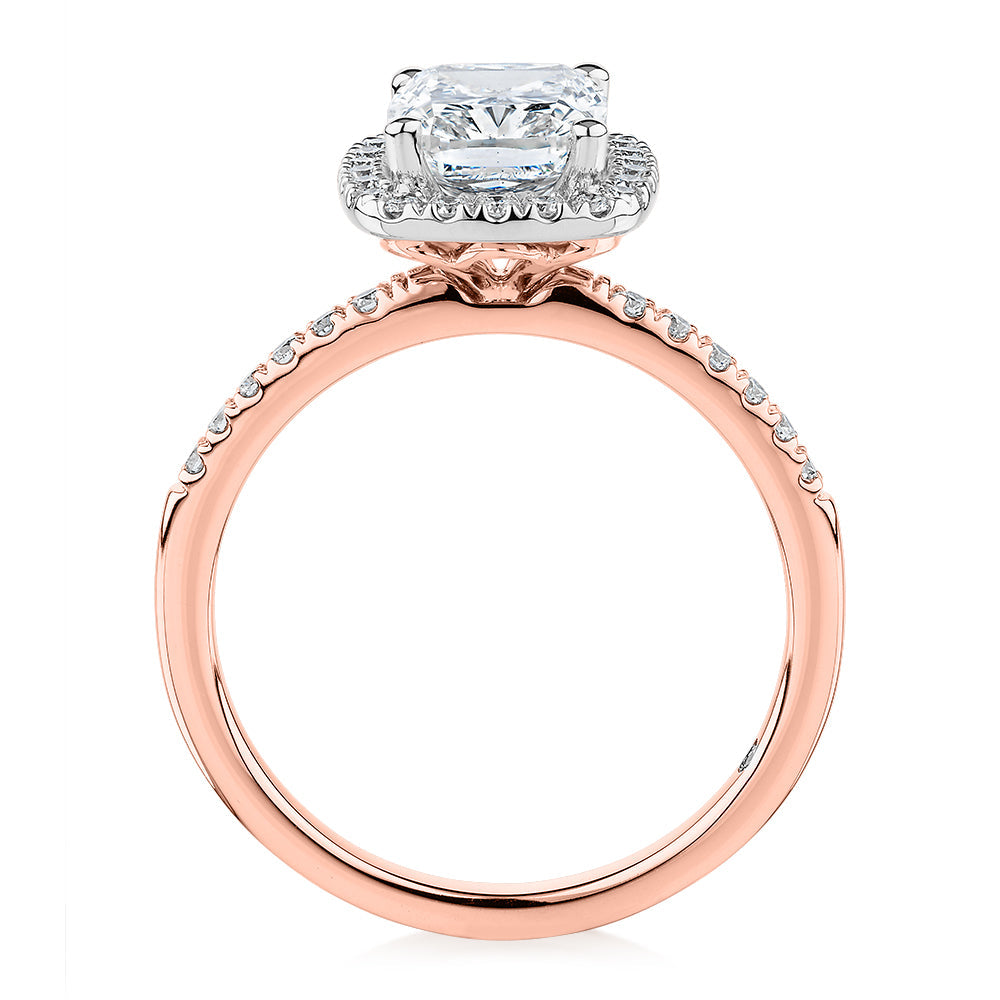 Signature Simulant Diamond 2.23 carat* TW radiant and round brilliant shouldered halo engagement ring in 10 carat rose and white gold