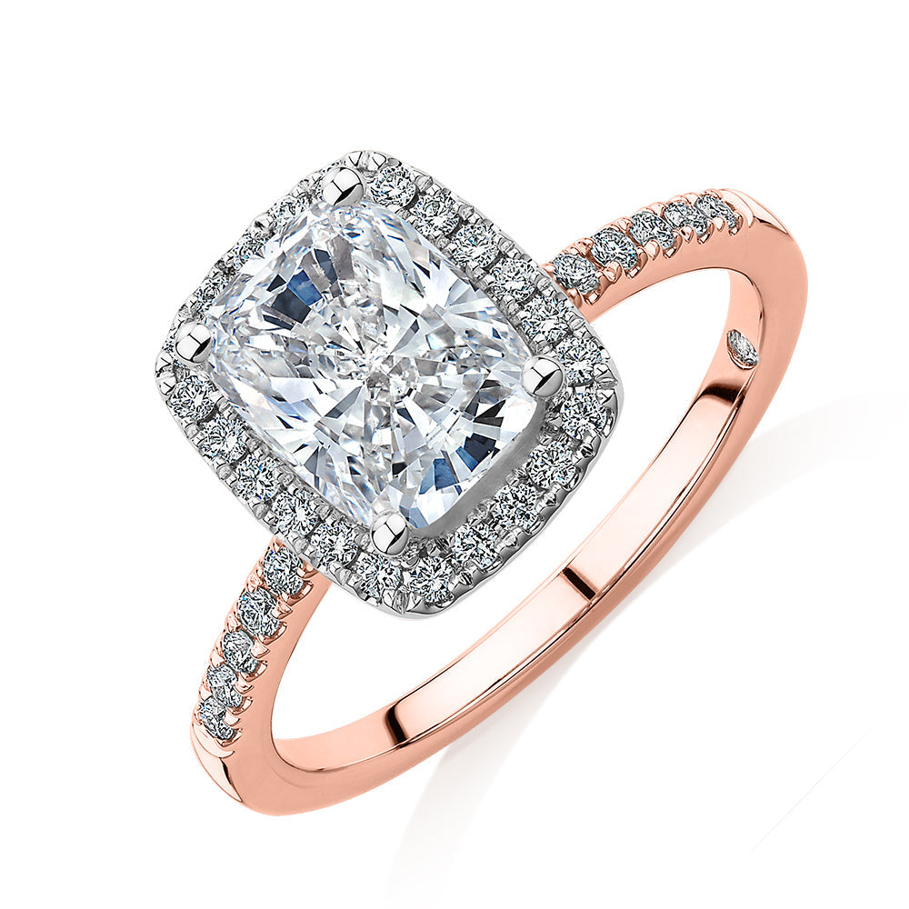 Signature Simulant Diamond 2.23 carat* TW radiant and round brilliant shouldered halo engagement ring in 10 carat rose and white gold