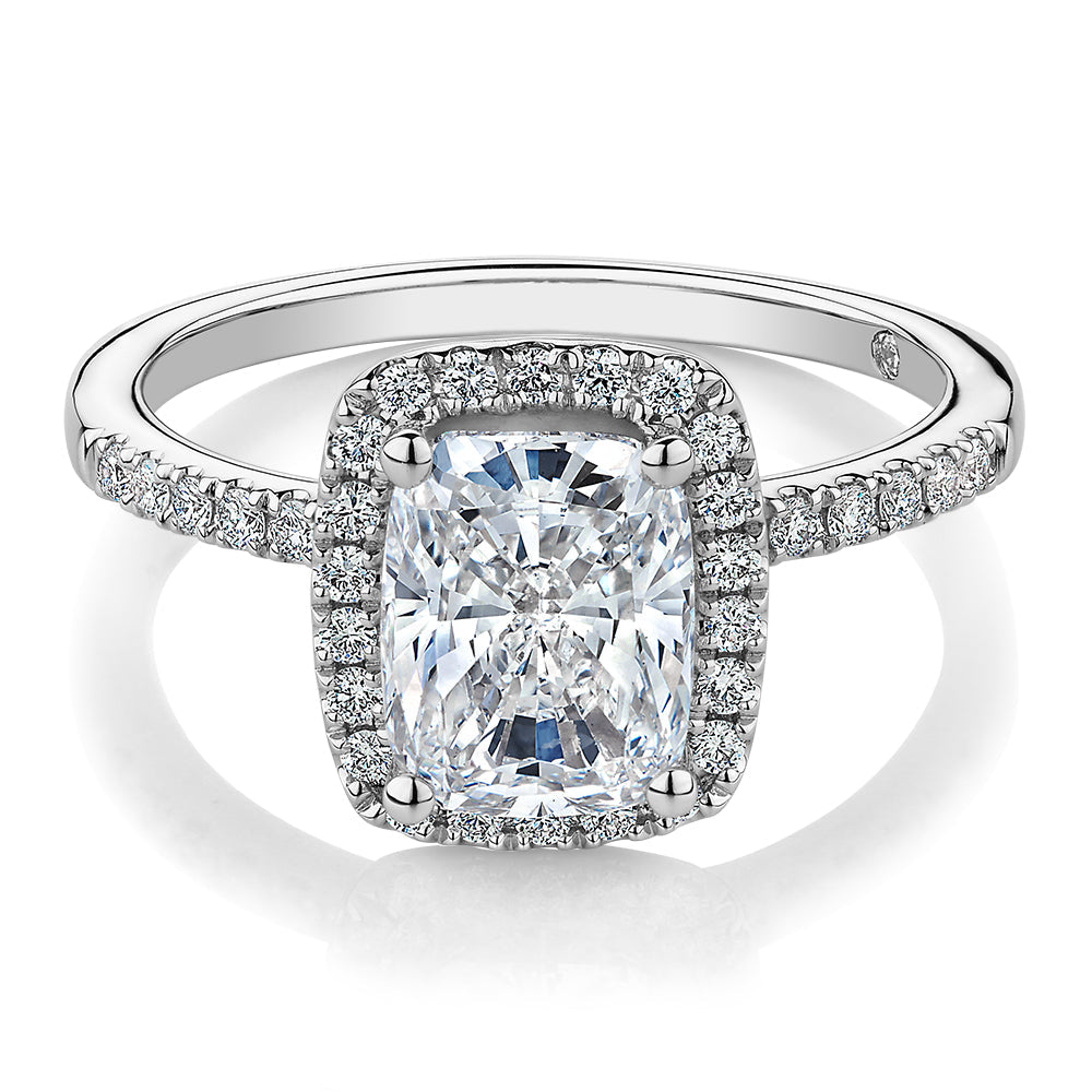 Signature Simulant Diamond 2.23 carat* TW radiant and round brilliant shouldered halo engagement ring in 10 carat white gold