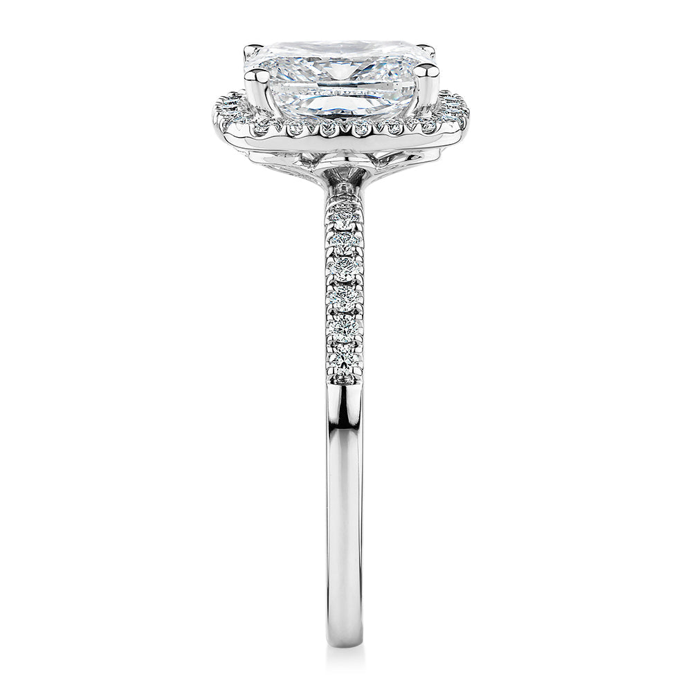 Signature Simulant Diamond 2.23 carat* TW radiant and round brilliant shouldered halo engagement ring in 10 carat white gold