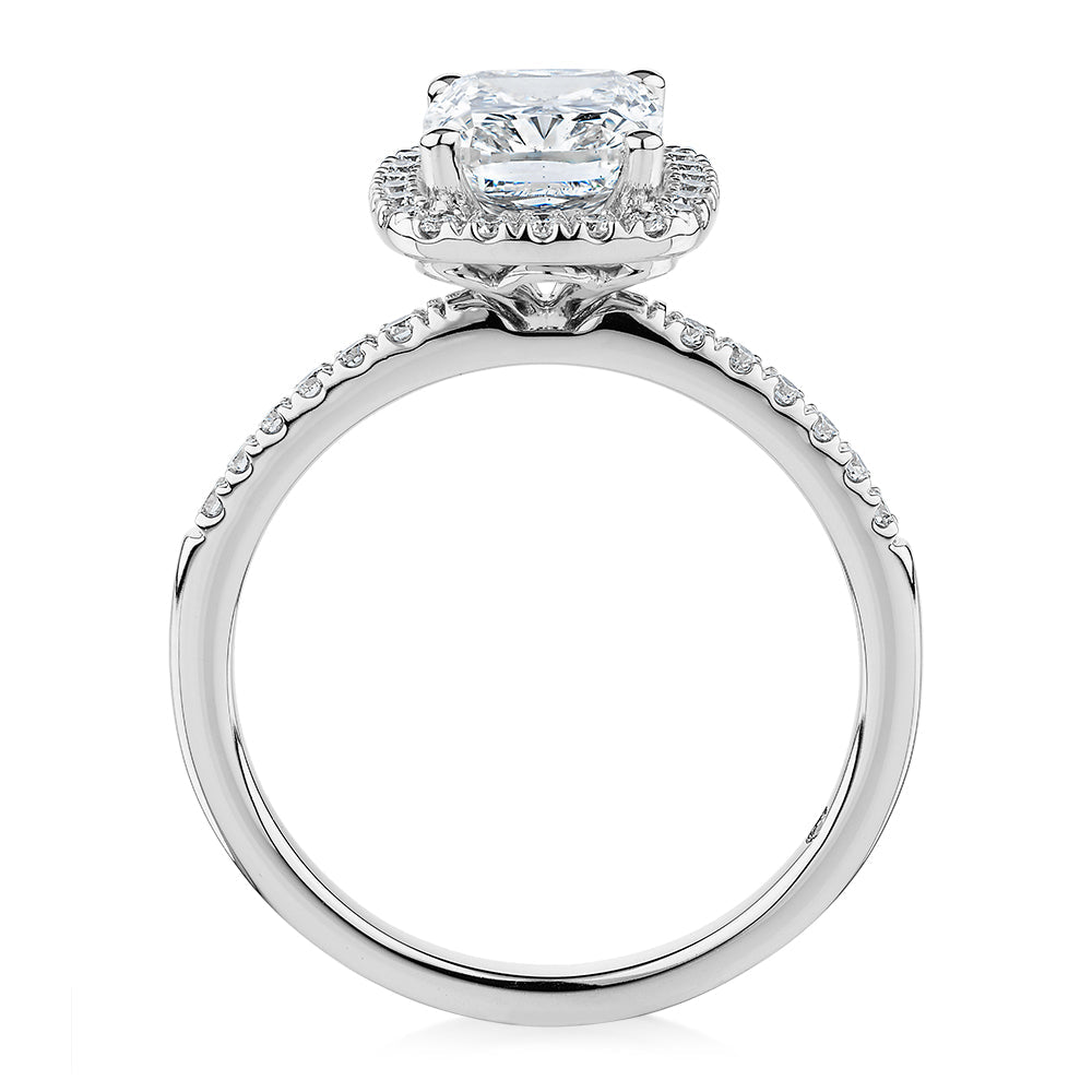 Signature Simulant Diamond 2.23 carat* TW radiant and round brilliant shouldered halo engagement ring in 10 carat white gold