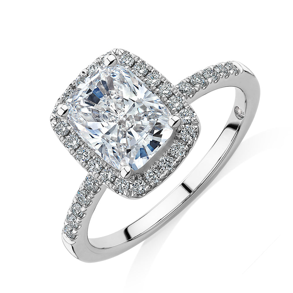 Signature Simulant Diamond 2.23 carat* TW radiant and round brilliant shouldered halo engagement ring in 10 carat white gold