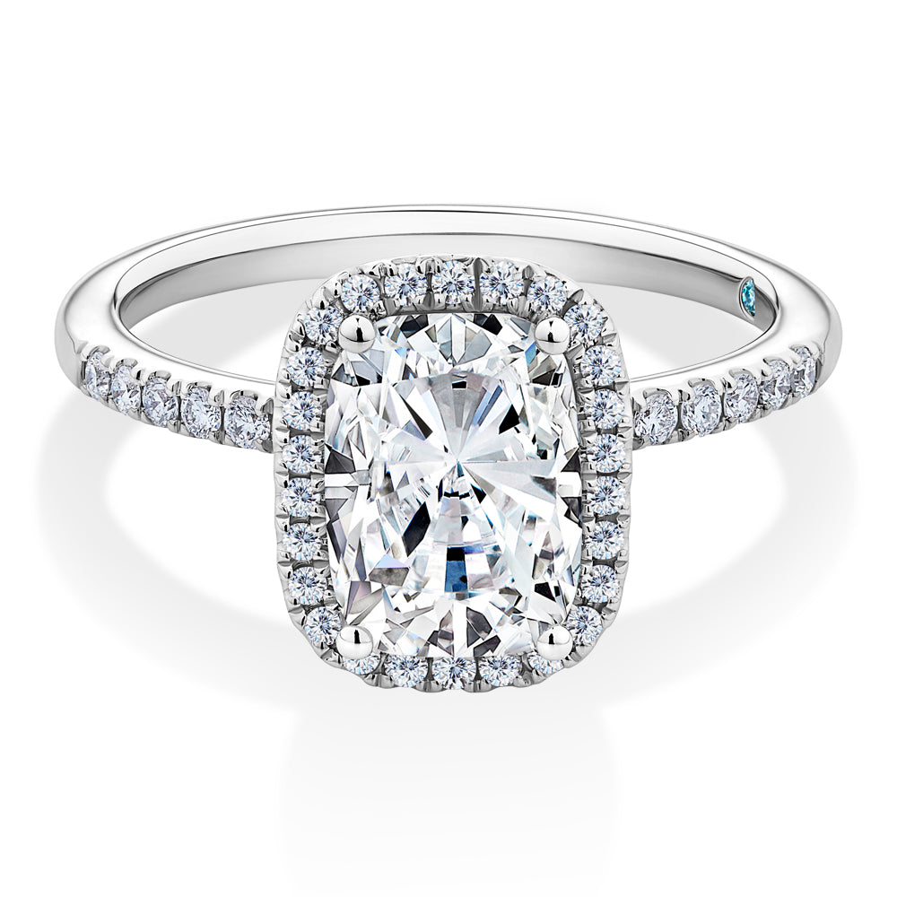 Certified Lab-Grown Diamond, 2.23 carat TW elongated cushion and round brilliant halo ring in 14 carat white gold