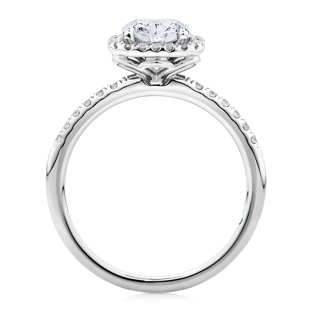 Certified Lab-Grown Diamond, 2.23 carat TW elongated cushion and round brilliant halo ring in 14 carat white gold