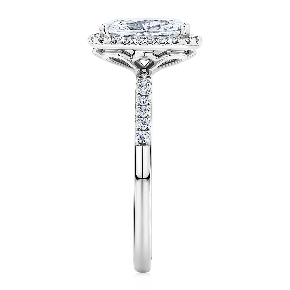 Certified Lab-Grown Diamond, 2.23 carat TW elongated cushion and round brilliant halo ring in 14 carat white gold