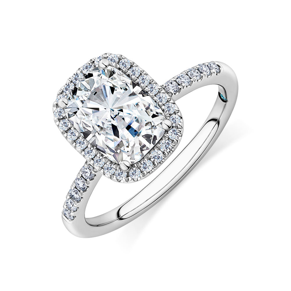 Certified Lab-Grown Diamond, 2.23 carat TW elongated cushion and round brilliant halo ring in 14 carat white gold