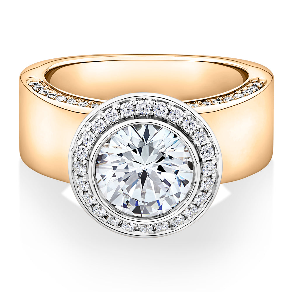 Lab-Grown Simulant, 2.37 carat*TW round brilliant halo ring in 10 carat yellow and white gold