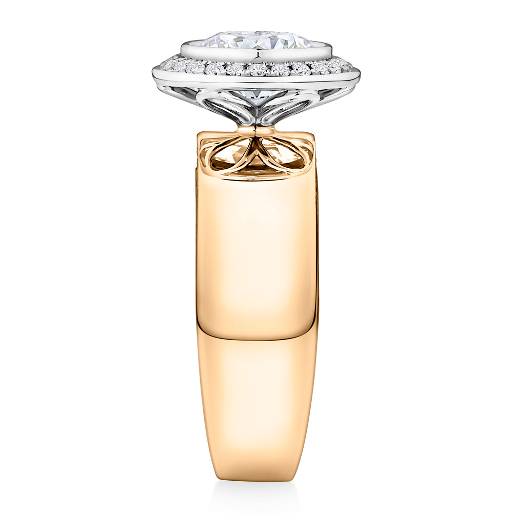 Certified Lab-Grown Diamond, 2.4 carat TW round brilliant halo ring in 10 carat yellow and white gold
