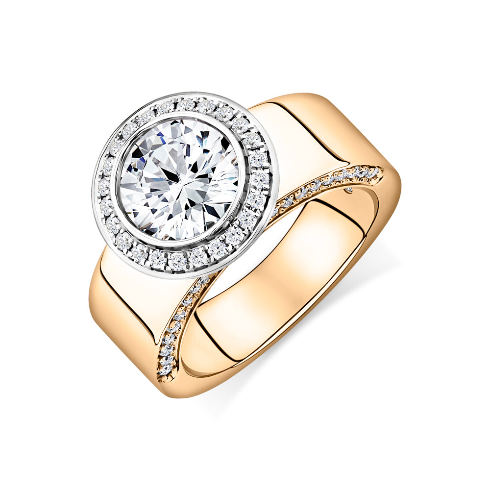 Certified Lab-Grown Diamond, 2.4 carat TW round brilliant halo ring in 10 carat yellow and white gold
