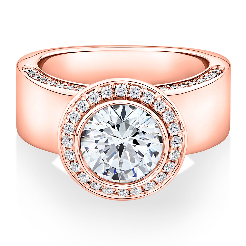 Lab-Grown Simulant, 2.37 carat*TW round brilliant halo ring in 10 carat rose gold