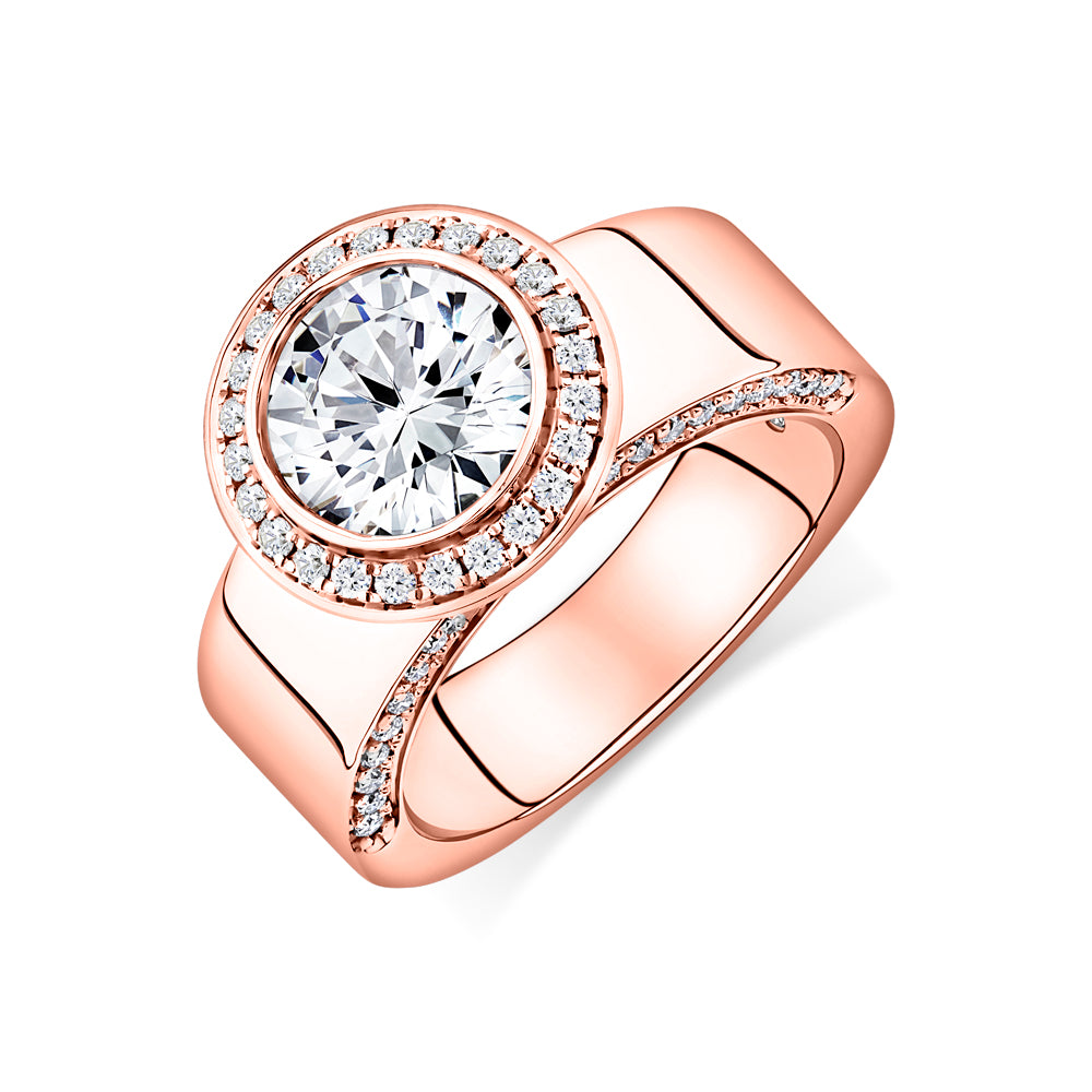 Lab-Grown Simulant, 2.37 carat*TW round brilliant halo ring in 10 carat rose gold