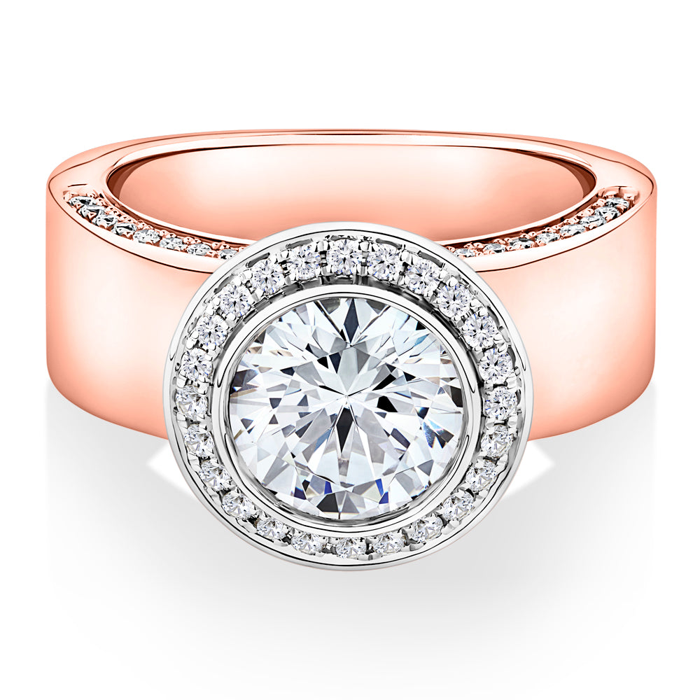 Lab-Grown Simulant, 2.37 carat*TW round brilliant halo ring in 10 carat rose and white gold