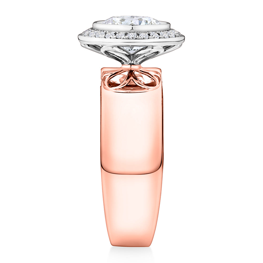 Lab-Grown Simulant, 2.37 carat*TW round brilliant halo ring in 10 carat rose and white gold